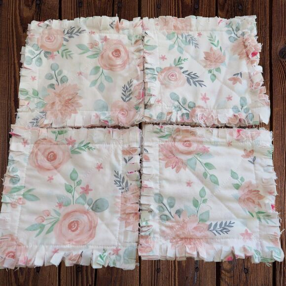 Rag Quilt Coasters, Set of 4, Reversible Floral Fabric Mug Rugs - Picture 4 of 7